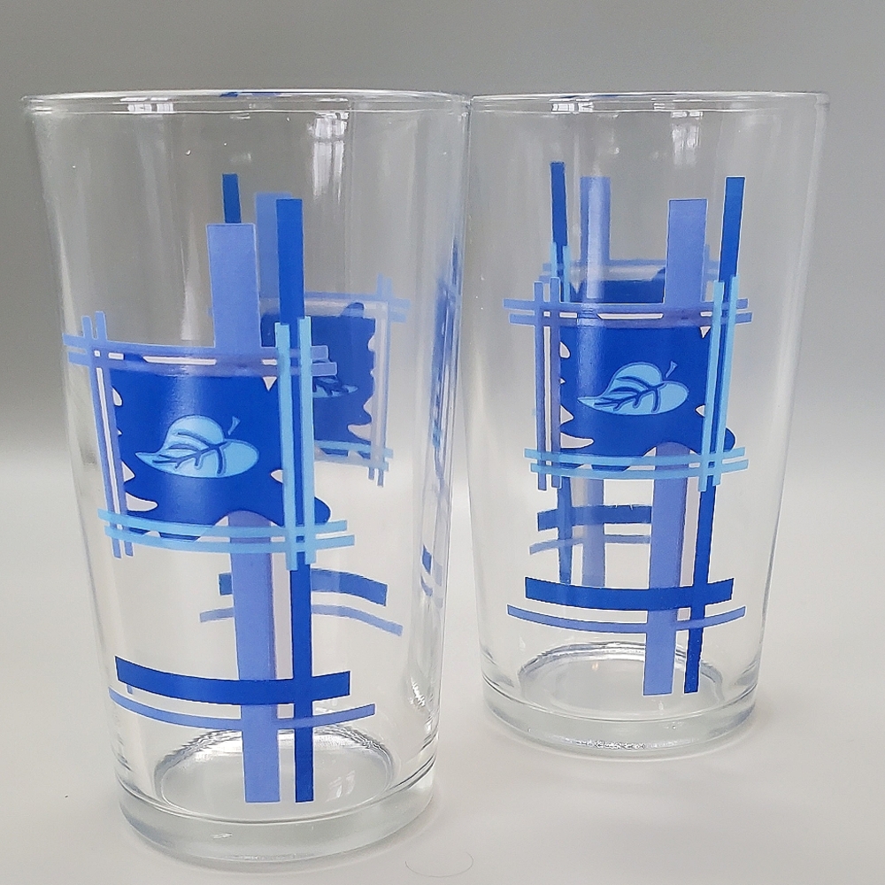 Set Of 2 MCM Blue Patterned Glass Tumblers